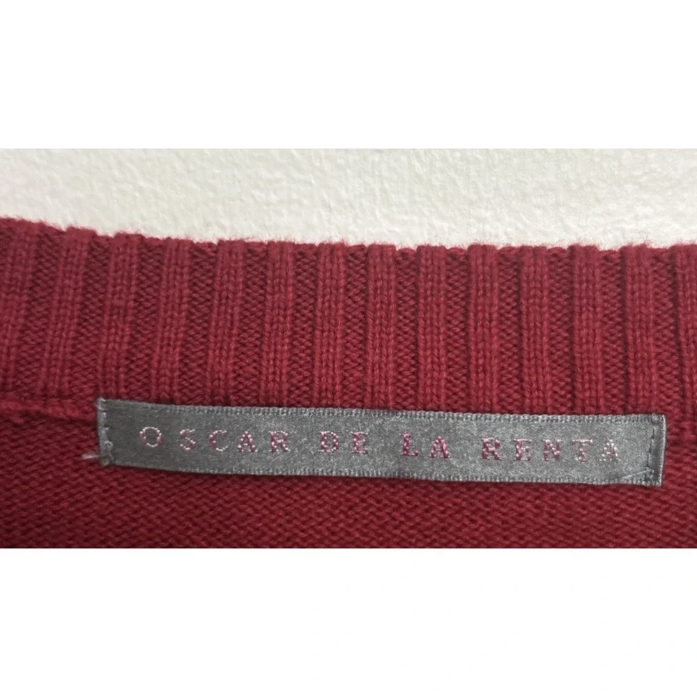 Oscar De La Renta Sweater Mens L Red Knit V-Neck Diamond Pattern Cotton